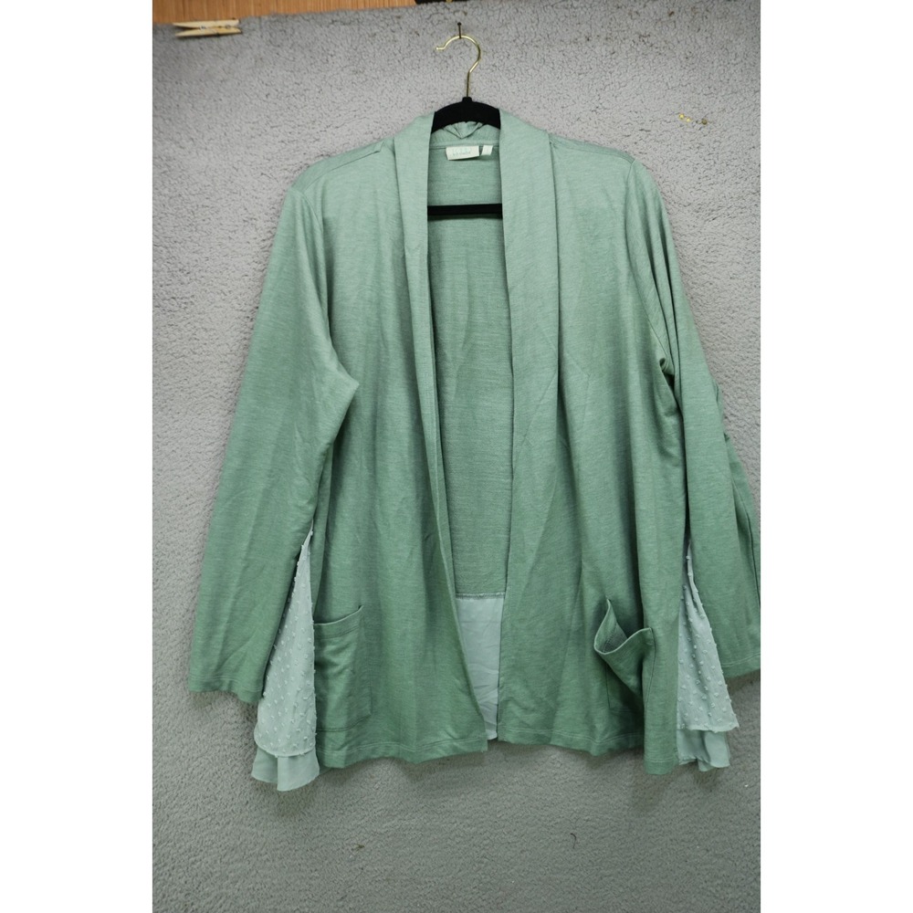 LOGO Lounge Sage Green Open Front Cardigan-Large-Swiss Dot Trim-BOHO